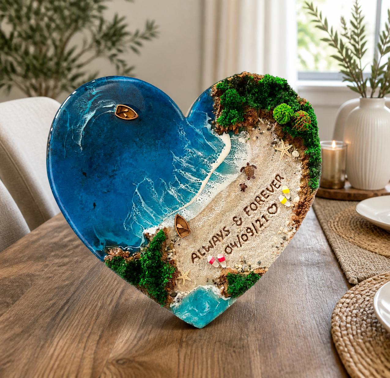 Handmade turquoise ocean beach resin wall art