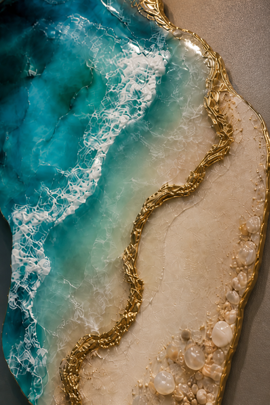Handcrafted luxury beach resin wall art with gold detailing