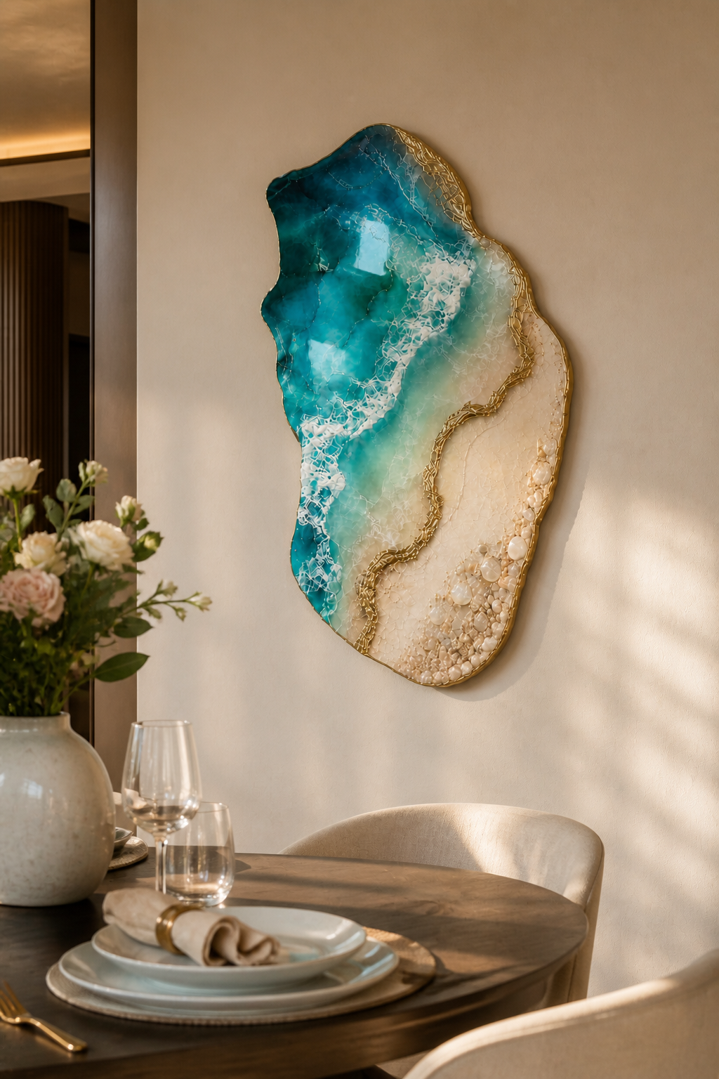 Close-up of gold accents and 3D resin ocean waves Luxury coastal resin artwork with turquoise water and beach