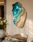 Close-up of gold accents and 3D resin ocean waves Luxury coastal resin artwork with turquoise water and beach