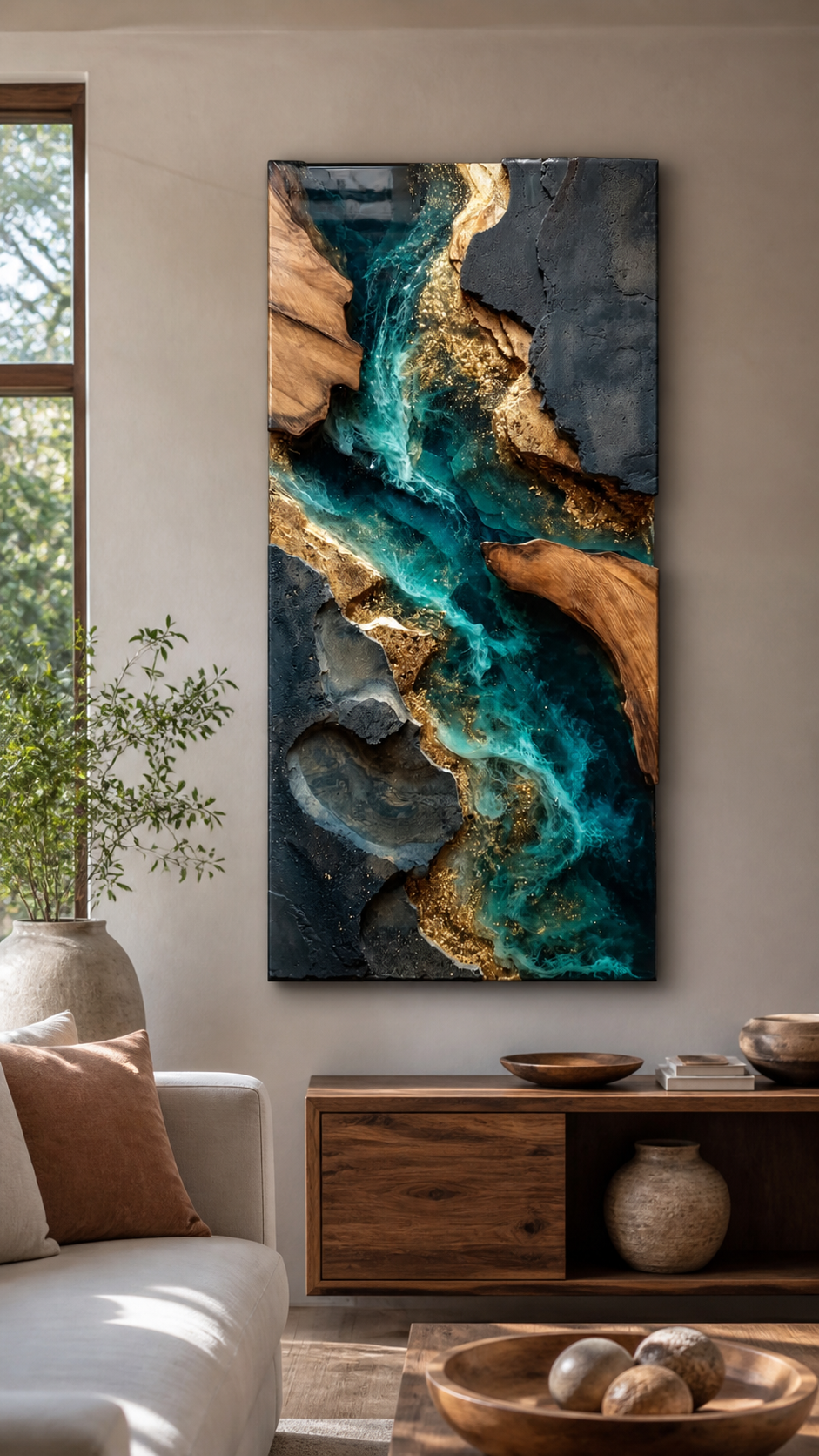 Luxury ocean resin wall art with wood and gold accents