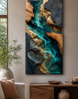 Luxury ocean resin wall art with wood and gold accents