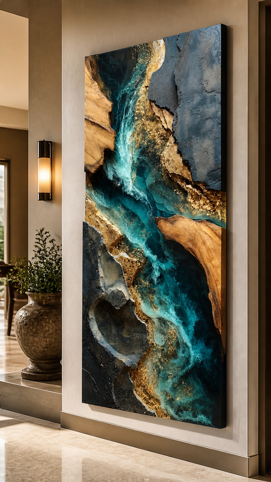 3D turquoise river resin wall art with natural wood