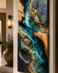 3D turquoise river resin wall art with natural wood