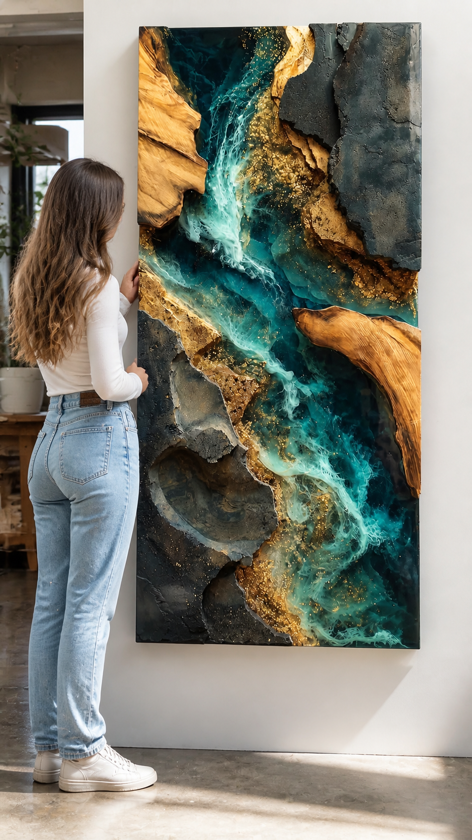 Luxury turquoise and gold resin statement wall art