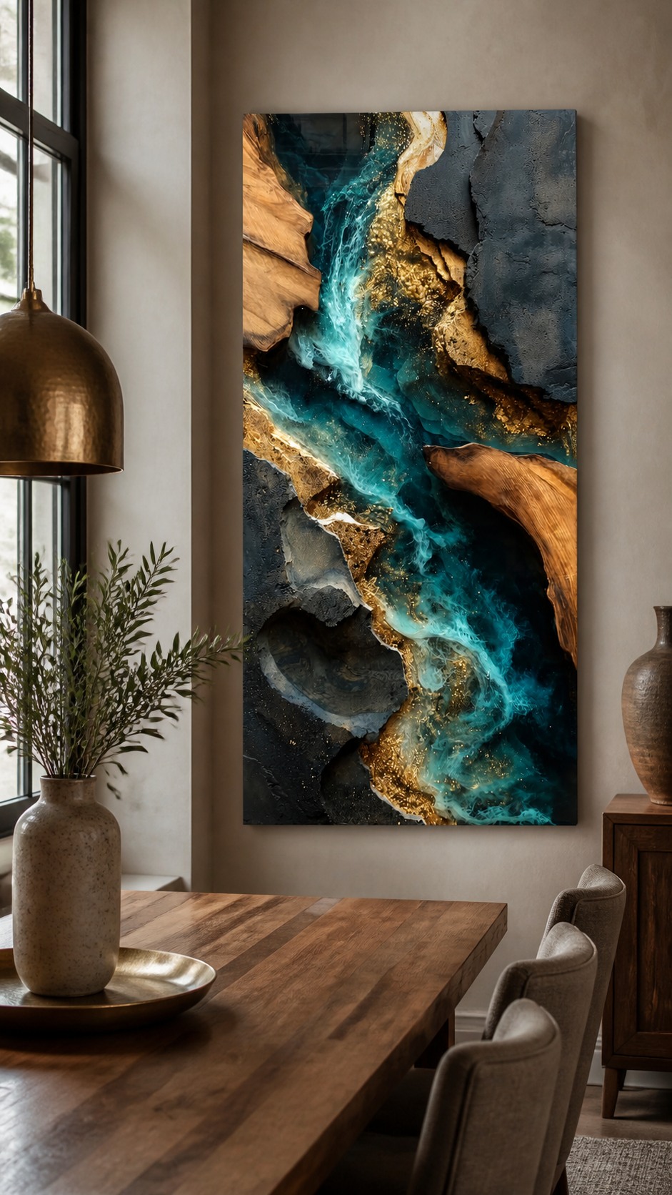 Close-up of textured wood and flowing resin ocean art Dramatic luxury resin artwork for modern interiors
