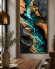 Close-up of textured wood and flowing resin ocean art Dramatic luxury resin artwork for modern interiors