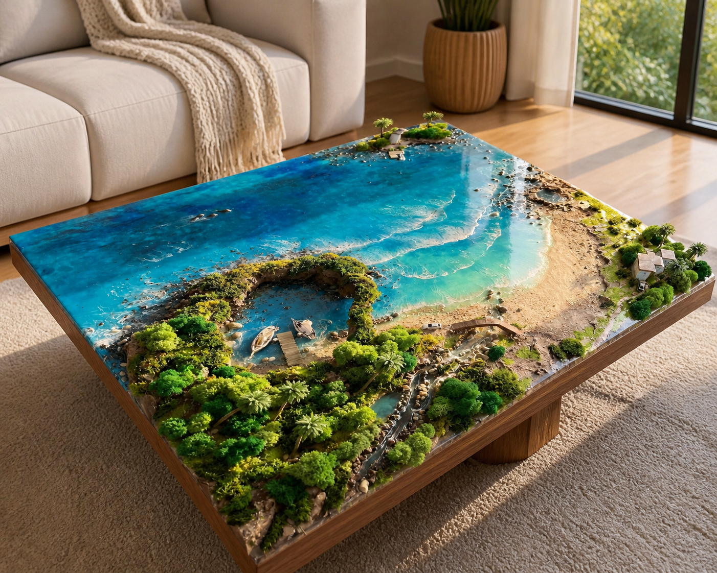 Luxury 3D ocean resin wall art with tropical island, turquoise lagoon and beach