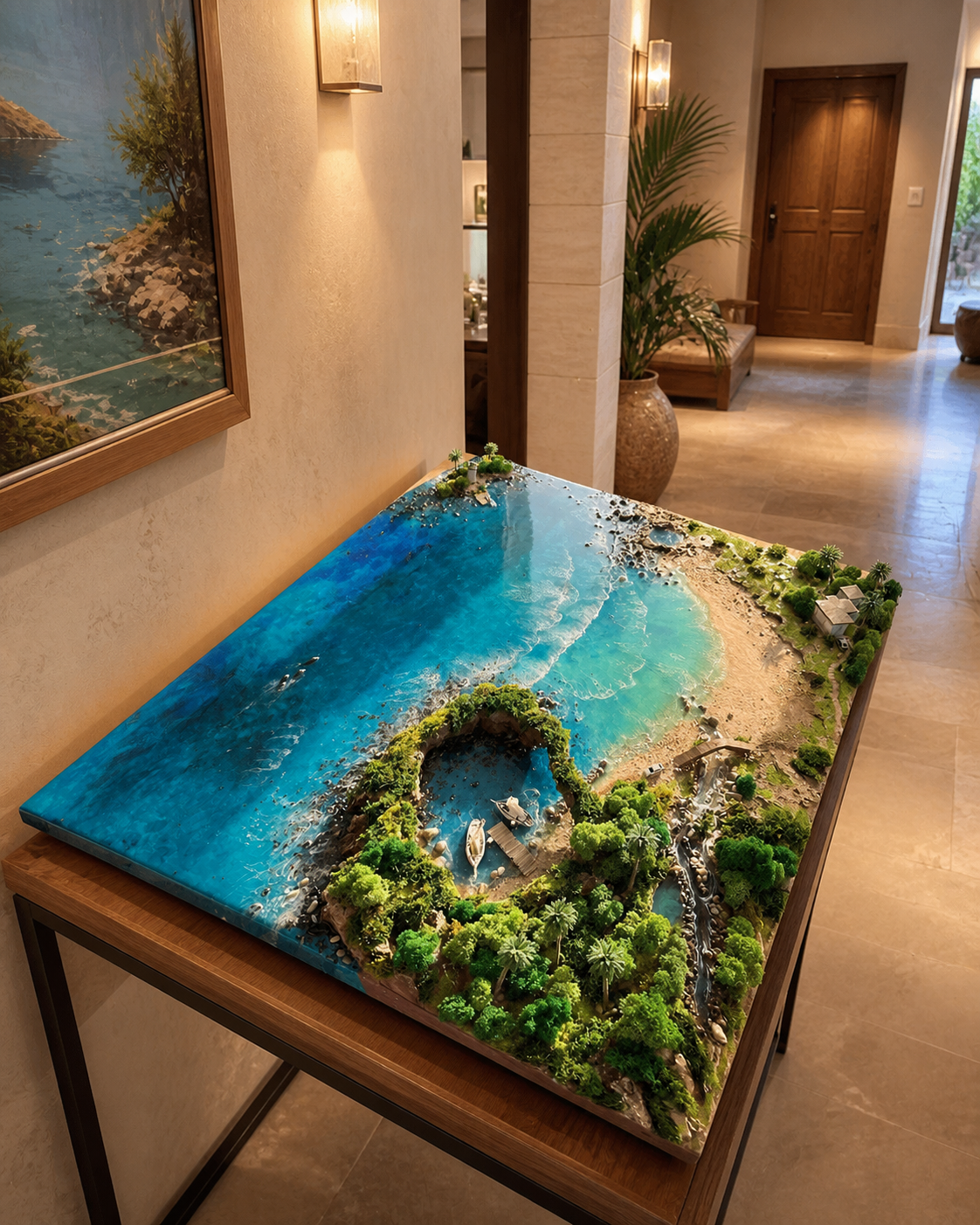Detailed tropical island resin artwork with miniature boats, rocks and greenery