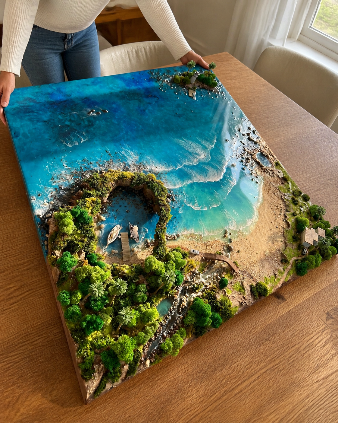 Layered turquoise ocean resin art with realistic waves and coastal textures