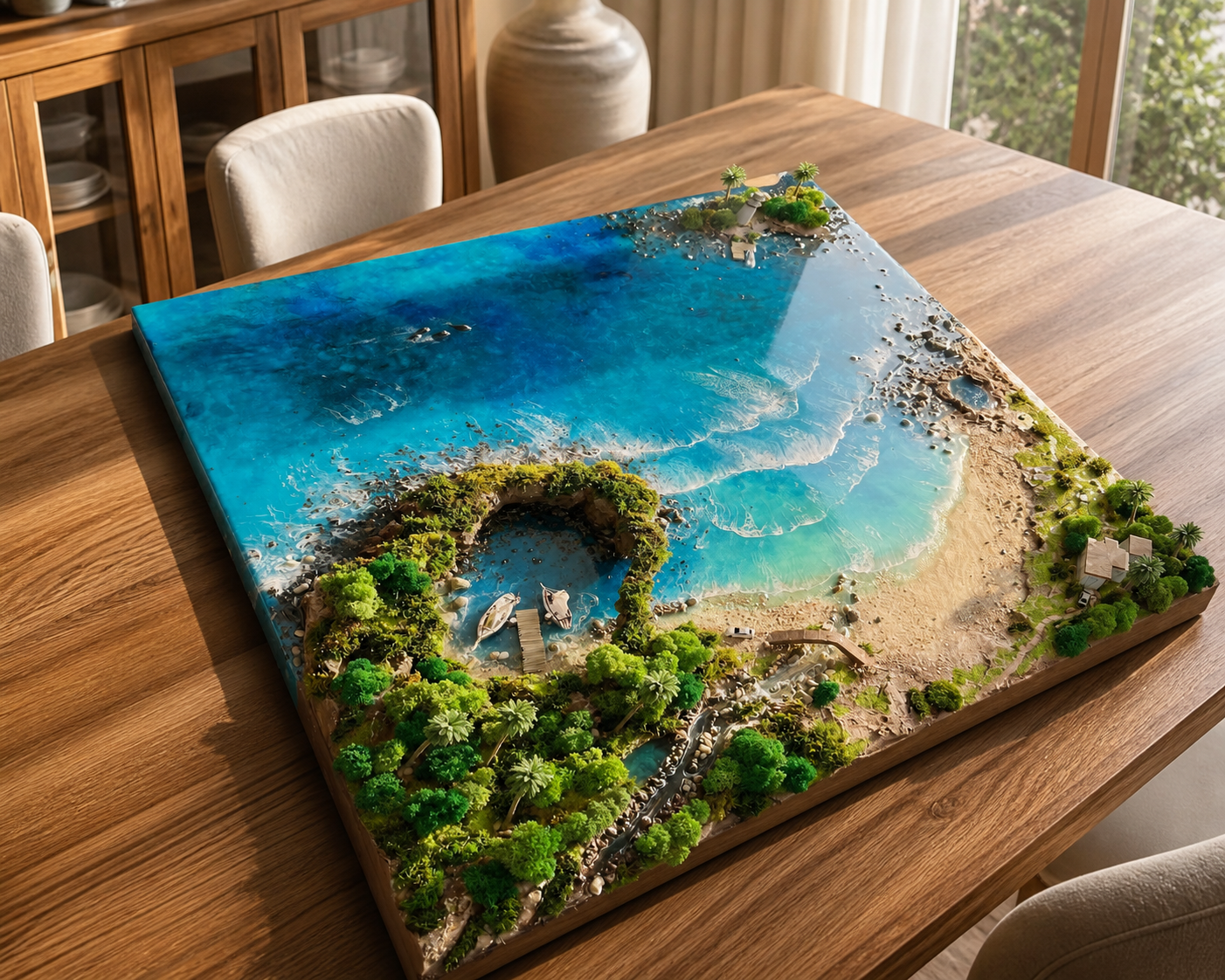 Luxury tropical ocean resin artwork displayed in a premium modern interior Handcrafted 3D tropical island wall art with ocean, beach and lush landscape
