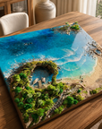 Luxury tropical ocean resin artwork displayed in a premium modern interior Handcrafted 3D tropical island wall art with ocean, beach and lush landscape