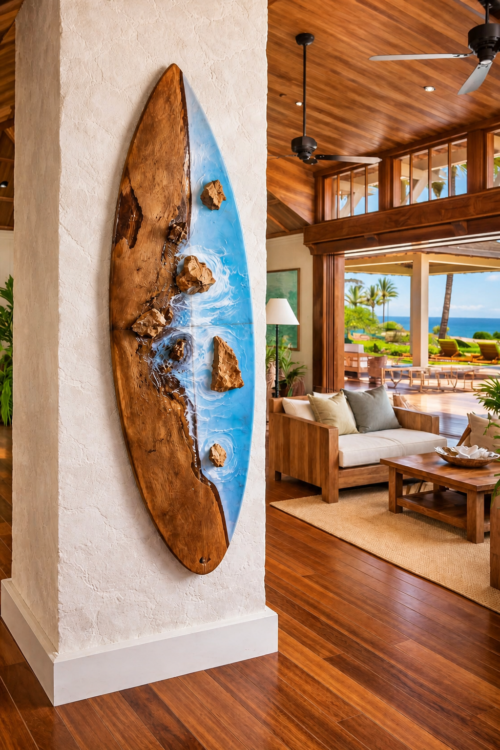Handcrafted wood and resin surfboard wall art with blue ocean waves