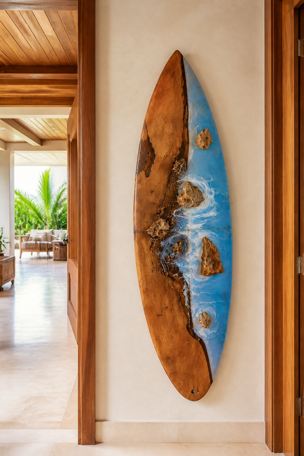 Natural wood and blue resin ocean wall art with stone details