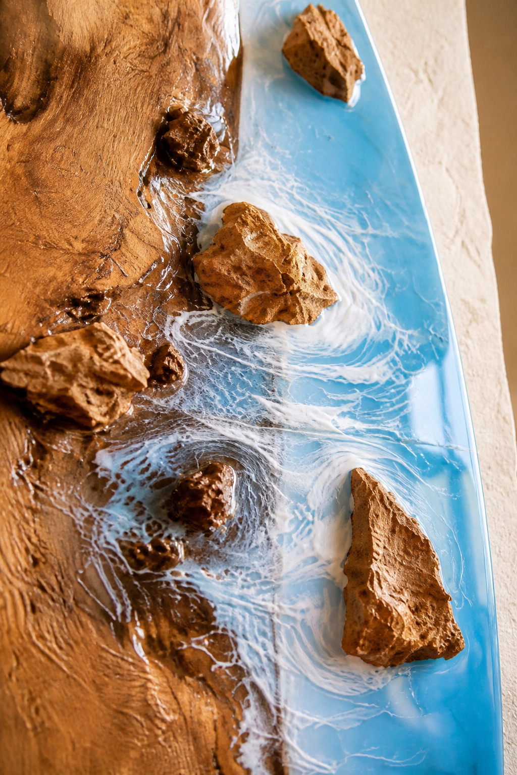 Surfboard-inspired wood resin wall art for luxury interiors