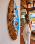 Blue ocean wave resin artwork with natural wood and stones
