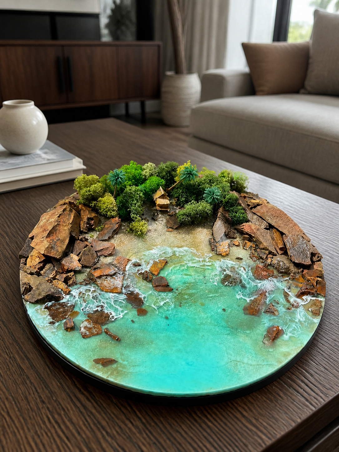 Luxury Ocean Resin Wall Art | 3D Beach Landscape with Natural Stones &amp; Greenery