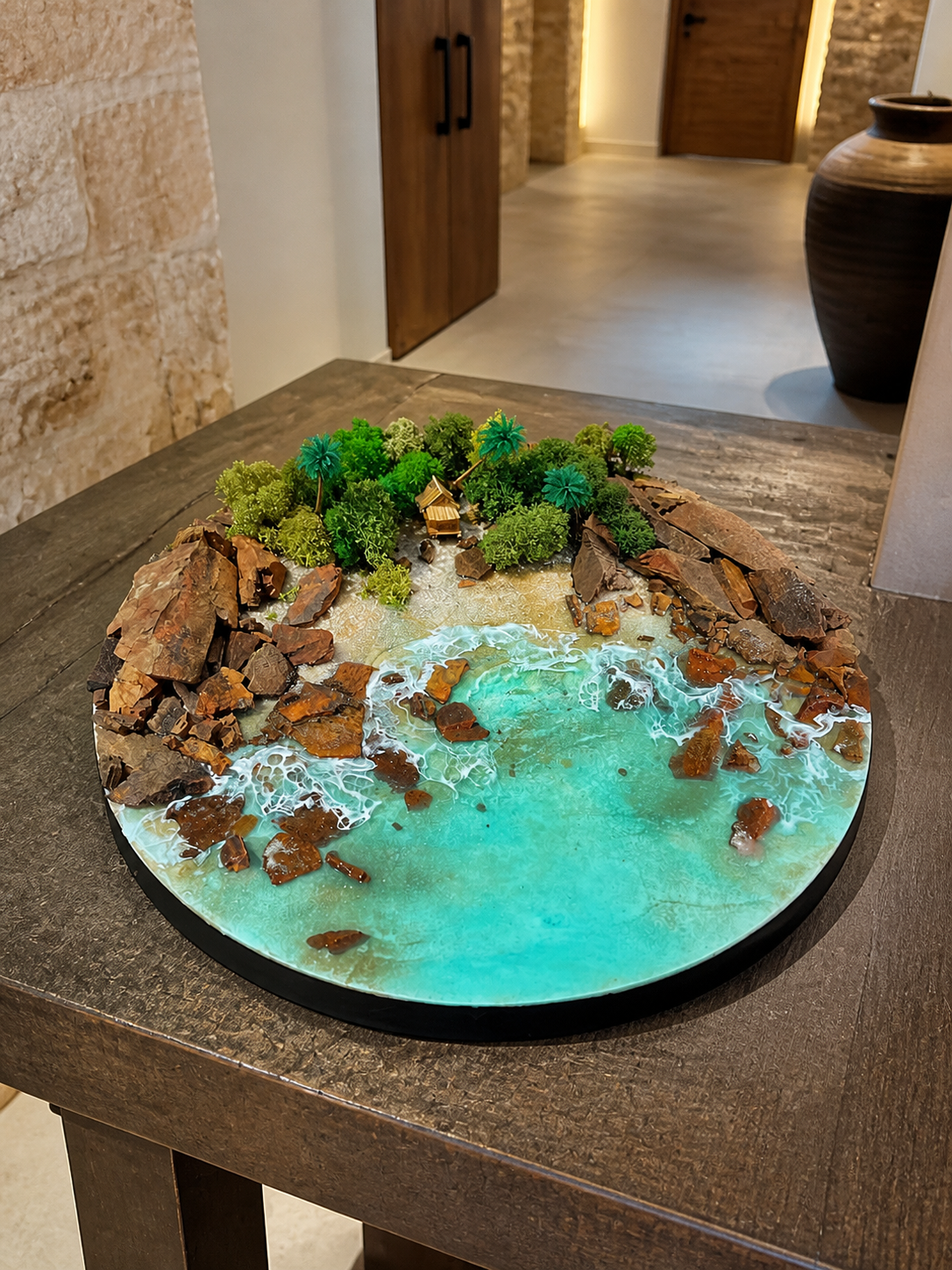 Luxury Ocean Resin Wall Art | 3D Beach Landscape with Natural Stones &amp; Greenery