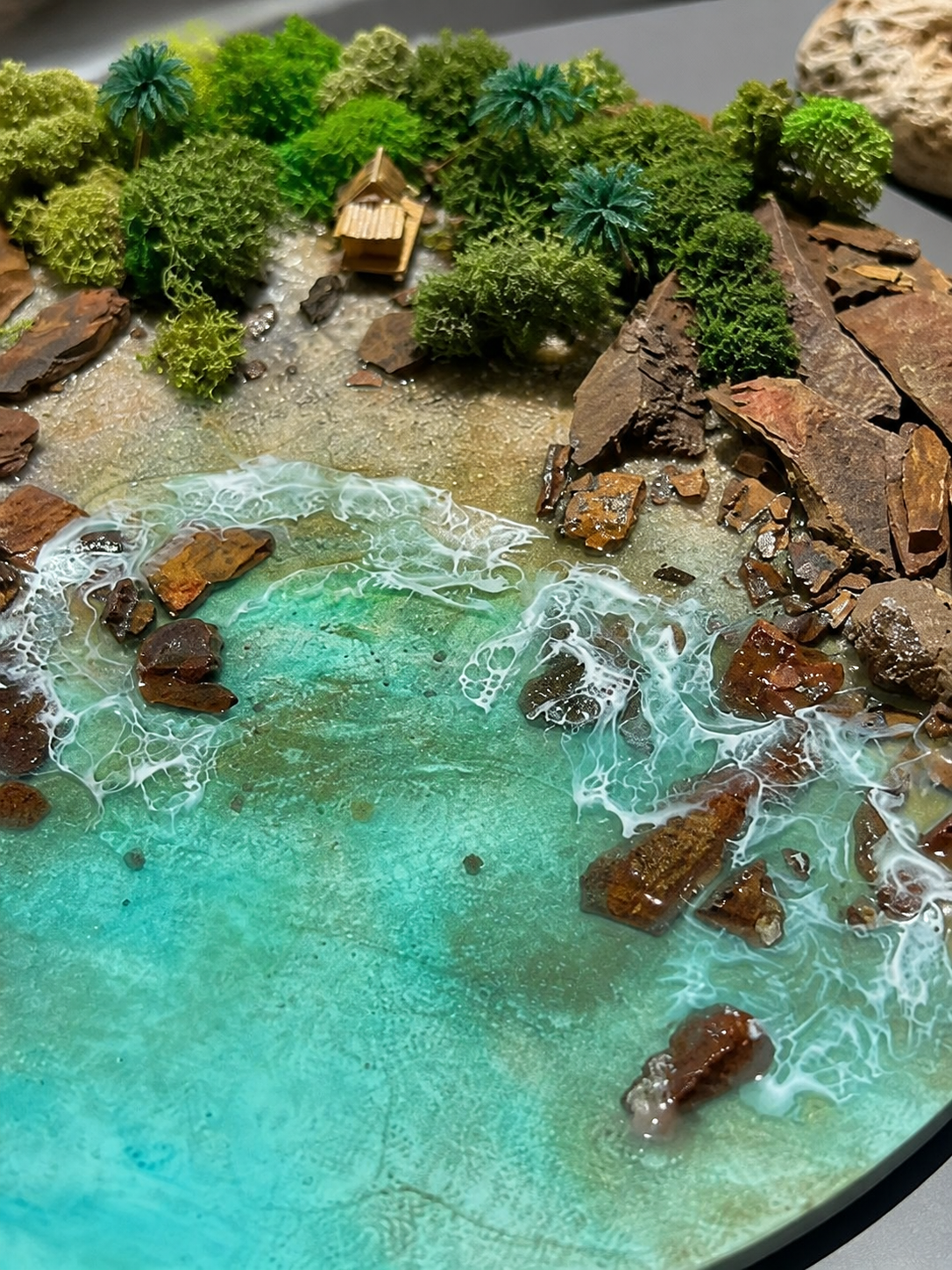 Luxury Ocean Resin Wall Art | 3D Beach Landscape with Natural Stones &amp; Greenery