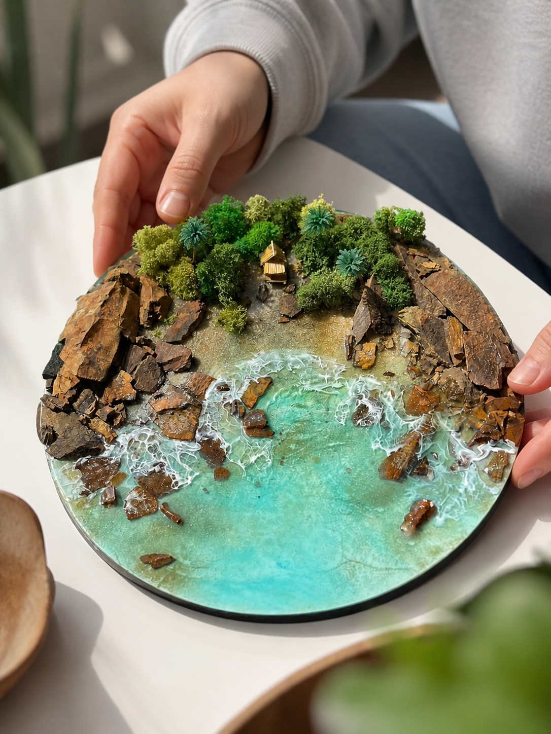 Luxury Ocean Resin Wall Art | 3D Beach Landscape with Natural Stones &amp; Greenery