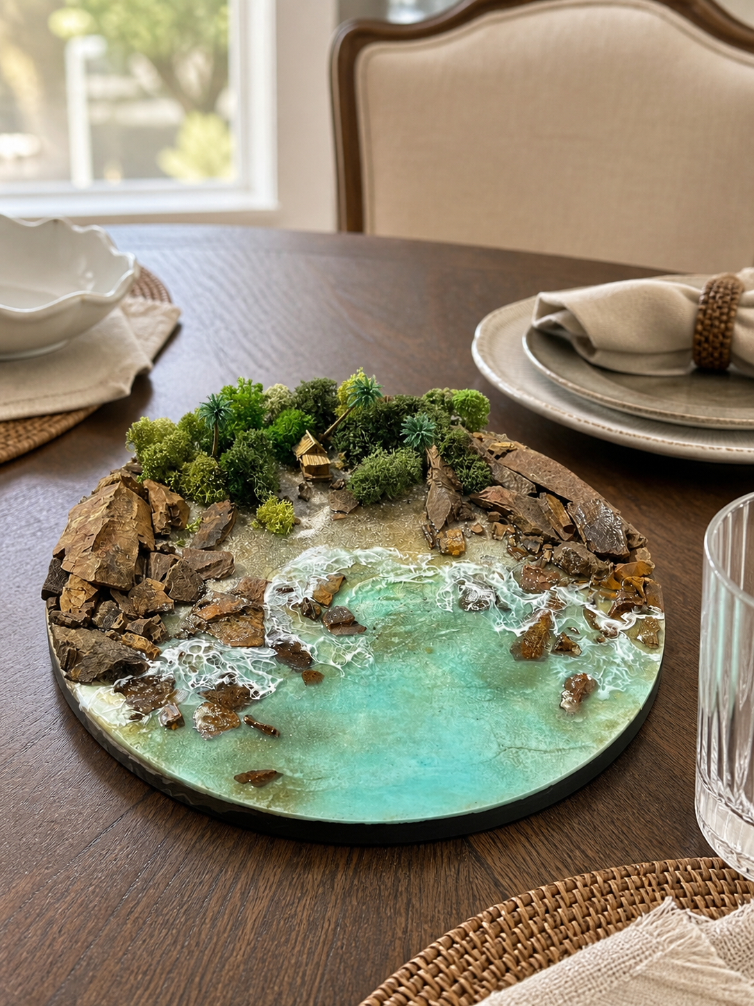 Luxury Ocean Resin Wall Art | 3D Beach Landscape with Natural Stones &amp; Greenery