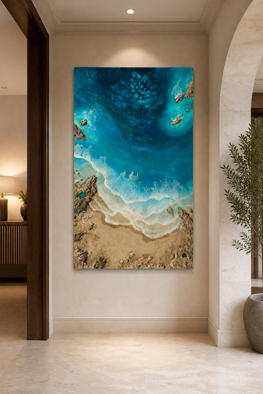 Turquoise ocean resin wall art displayed in a contemporary living room