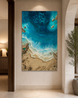 Turquoise ocean resin wall art displayed in a contemporary living room