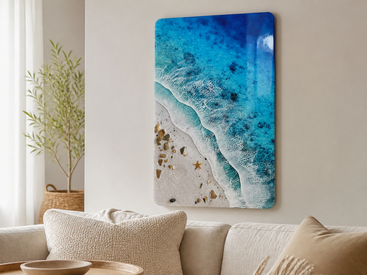 3D ocean resin wall art with turquoise waves and sandy shoreline