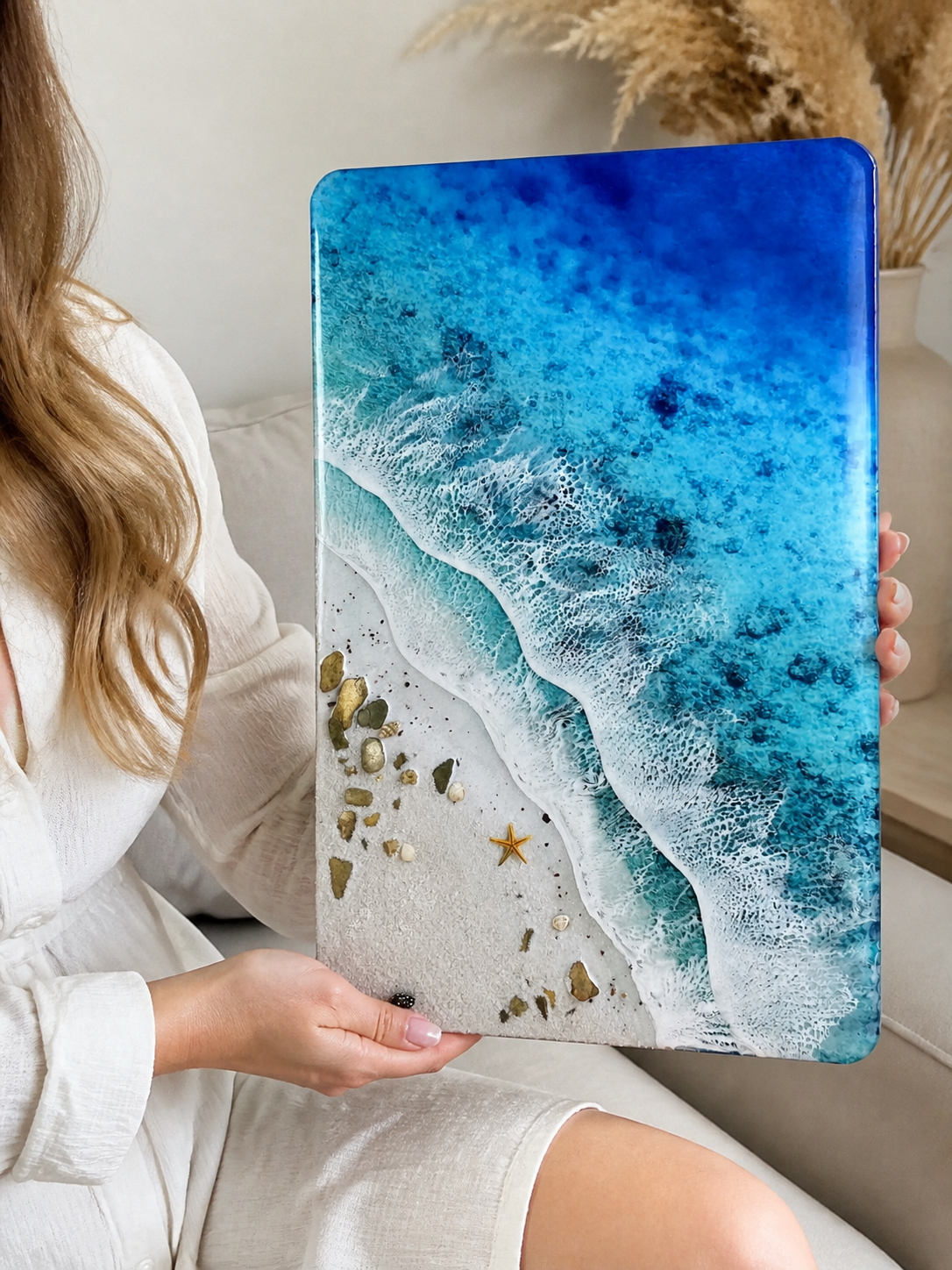 Turquoise ocean resin wall art in modern home interior