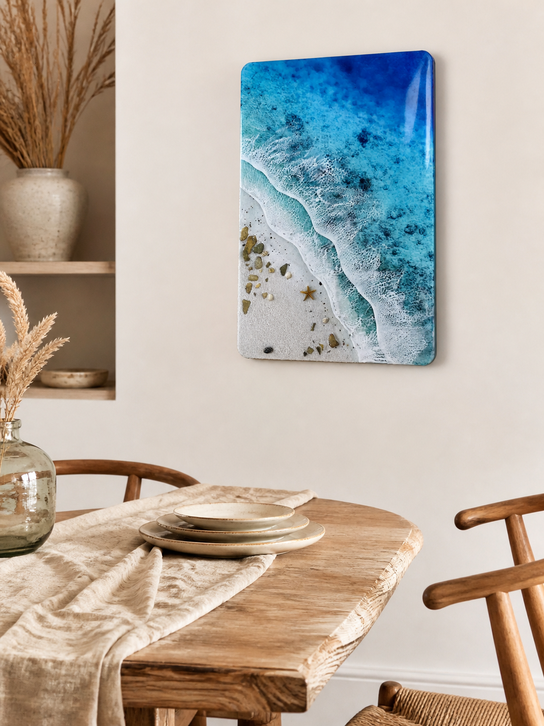 Close up of textured resin waves on handcrafted ocean artwork 3d-ocean-resin-wall-art-turquoise-beach.webp