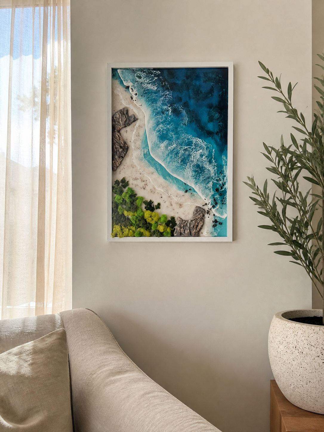 Luxury 3D ocean resin wall art with turquoise waves sandy beach rocks and greenery