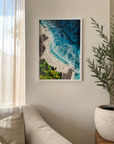 Luxury 3D ocean resin wall art with turquoise waves sandy beach rocks and greenery