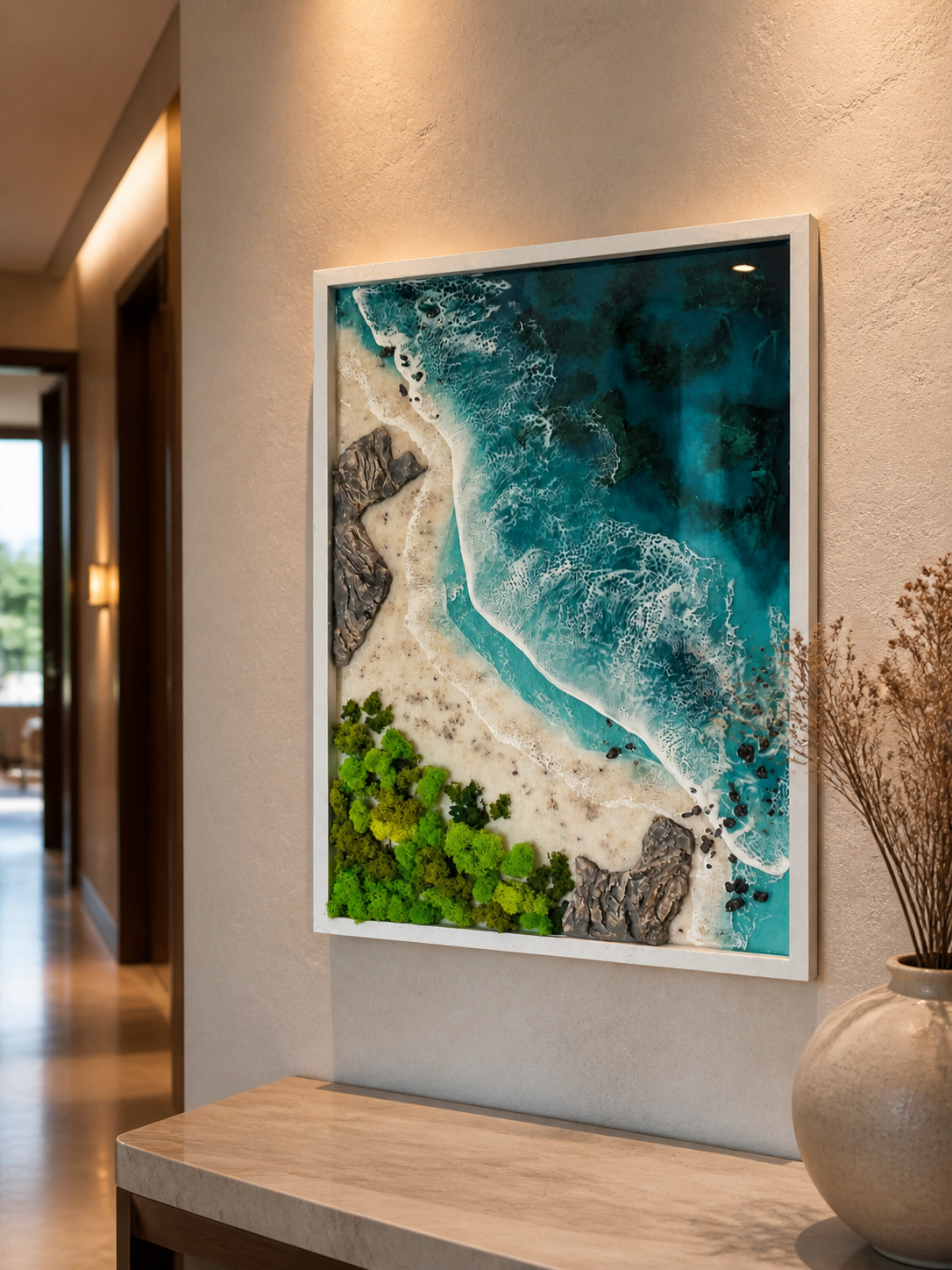 3D resin ocean waves with turquoise water and detailed white sea foam