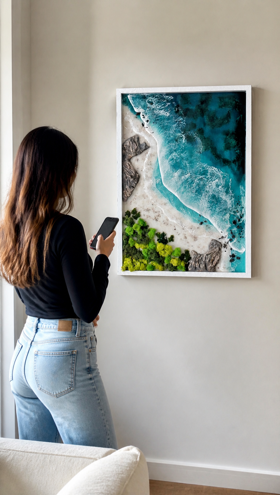 Luxury 3D ocean wall art displayed in modern living room interior