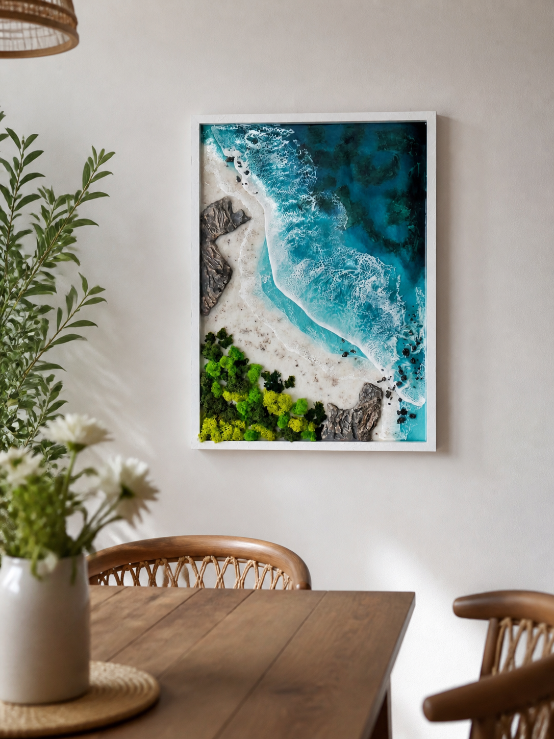 Handcrafted coastal resin wall art featuring ocean waves beach rocks and greenery