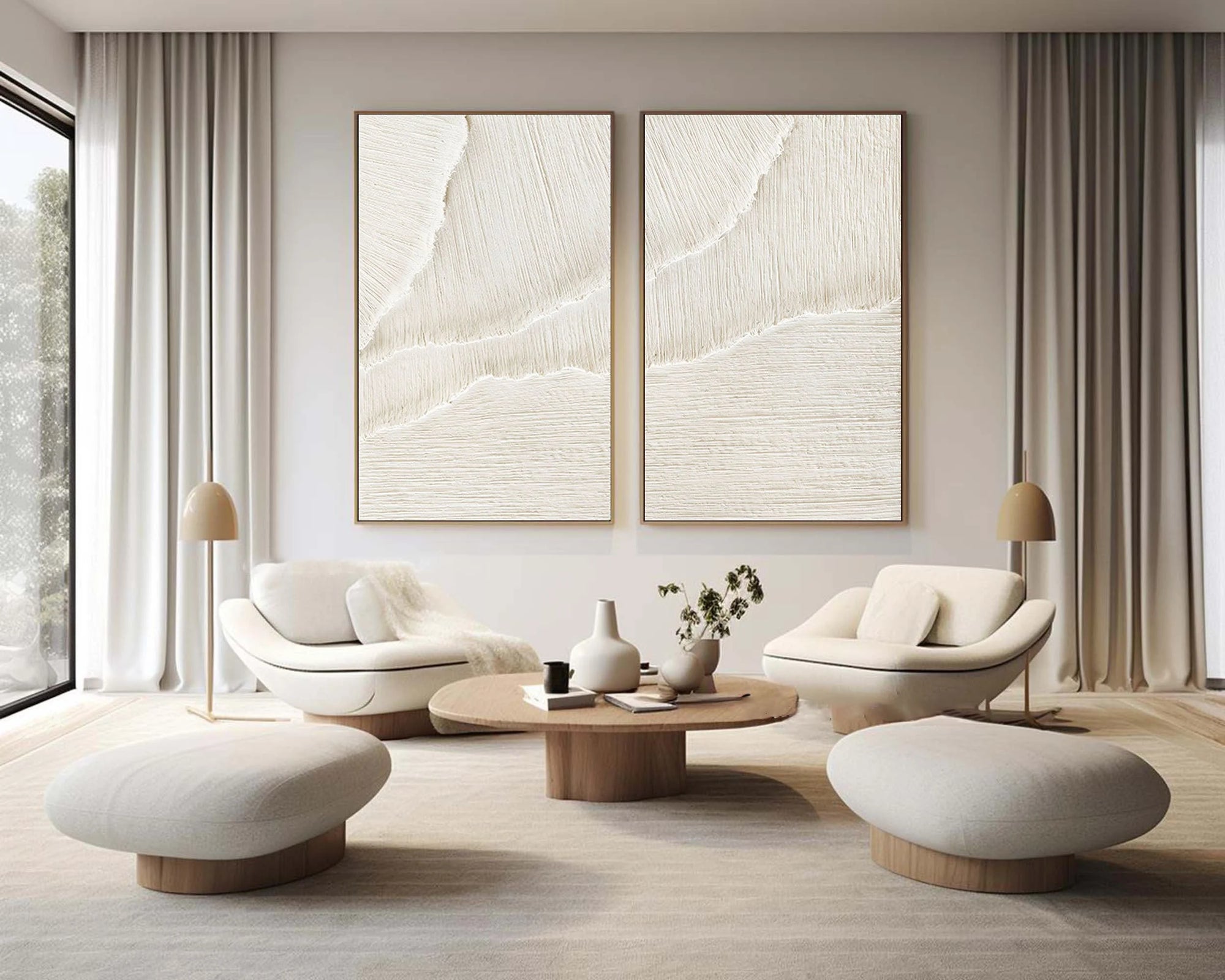 White Desert Breeze - Dual Minimalist Textured Wall Art Set Of 2 - Artwallpainting