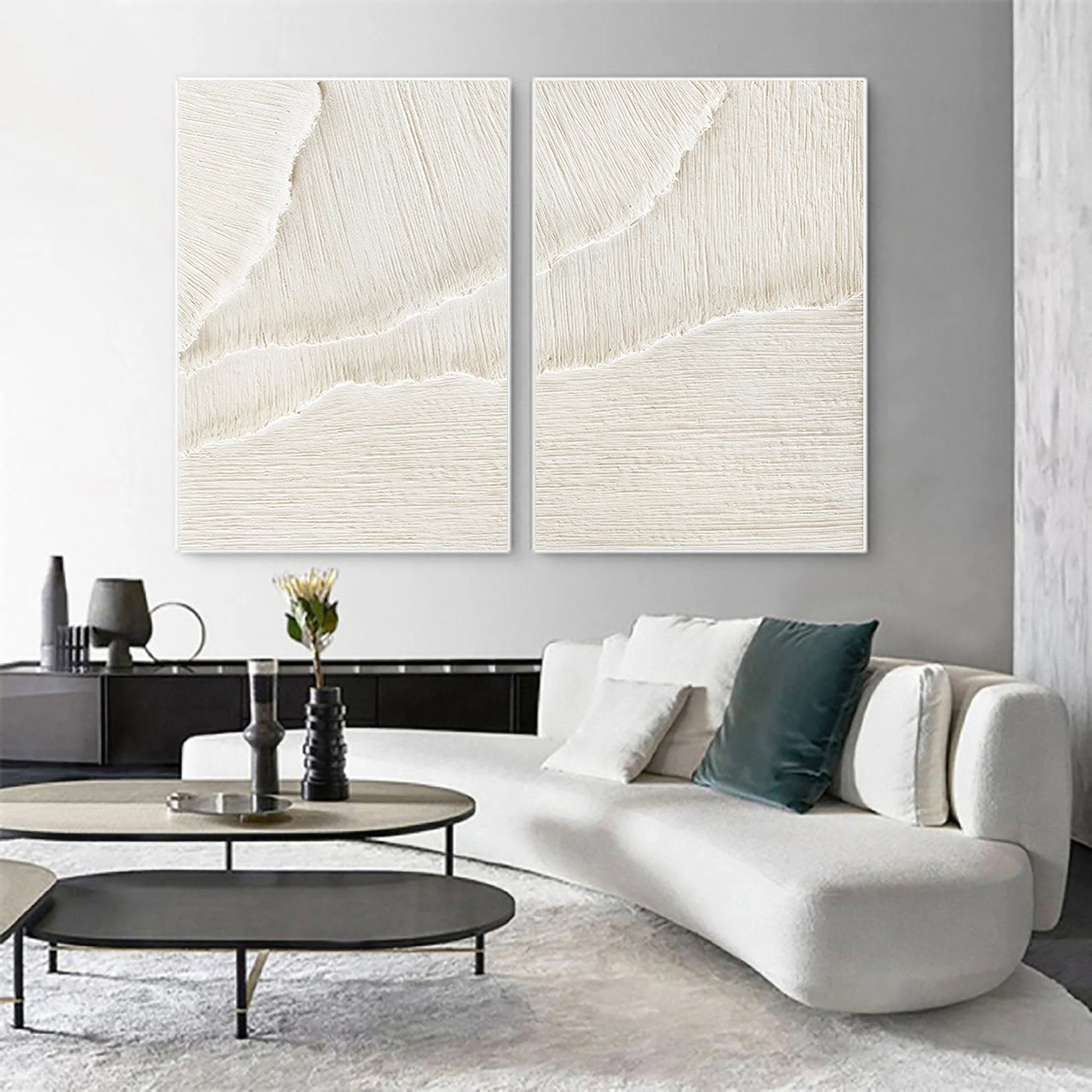 White Ethereal Flow - Dual Minimalist Textured Wall Art Set Of 2 - Artwallpainting