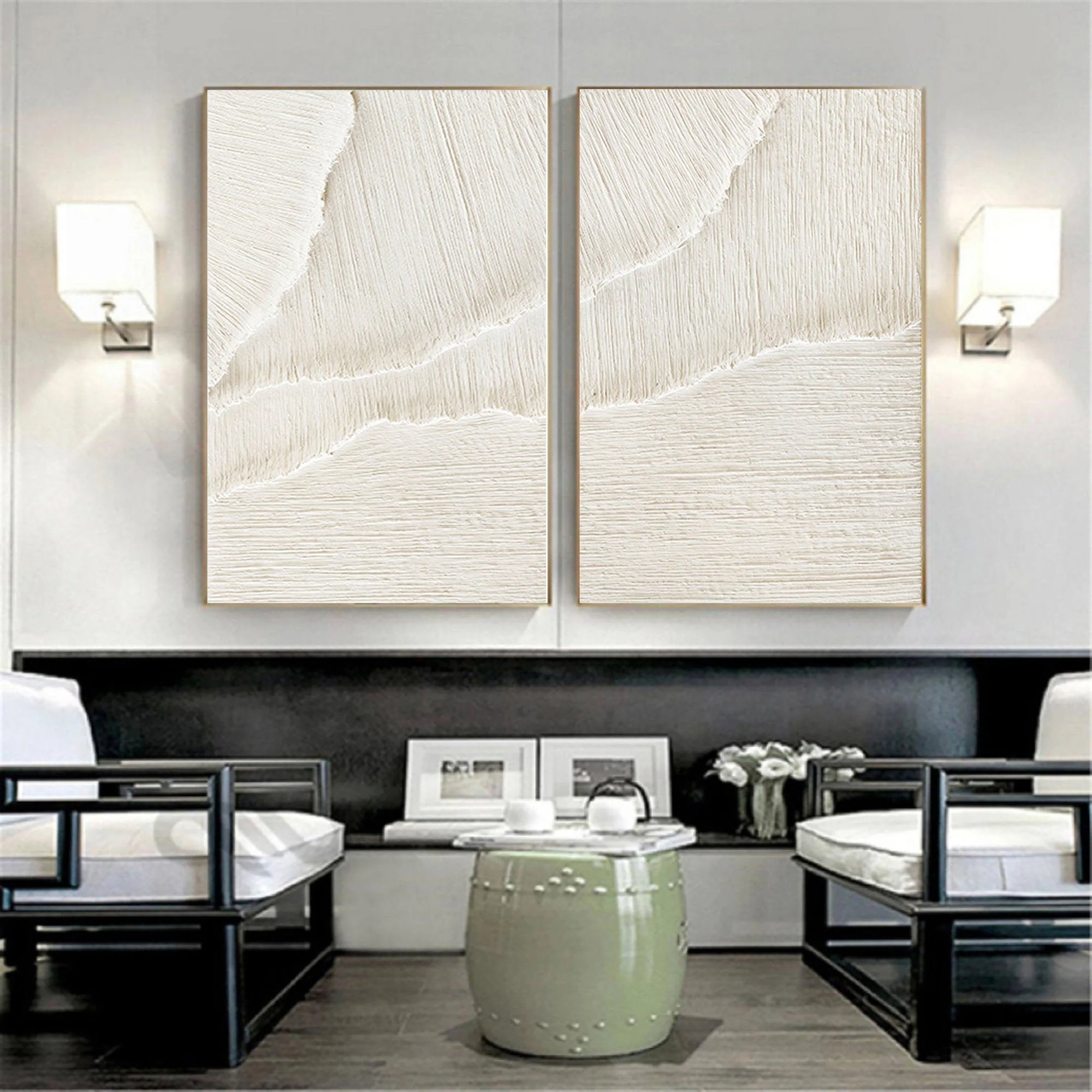 White Ethereal Flow - Dual Minimalist Textured Wall Art Set Of 2 - Artwallpainting