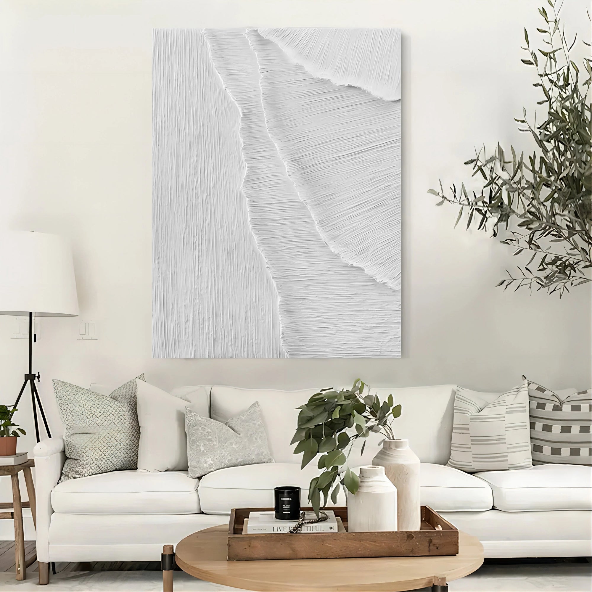 White Minimalist Textured Layers Canvas Painting For Home Decoration - Artwallpainting