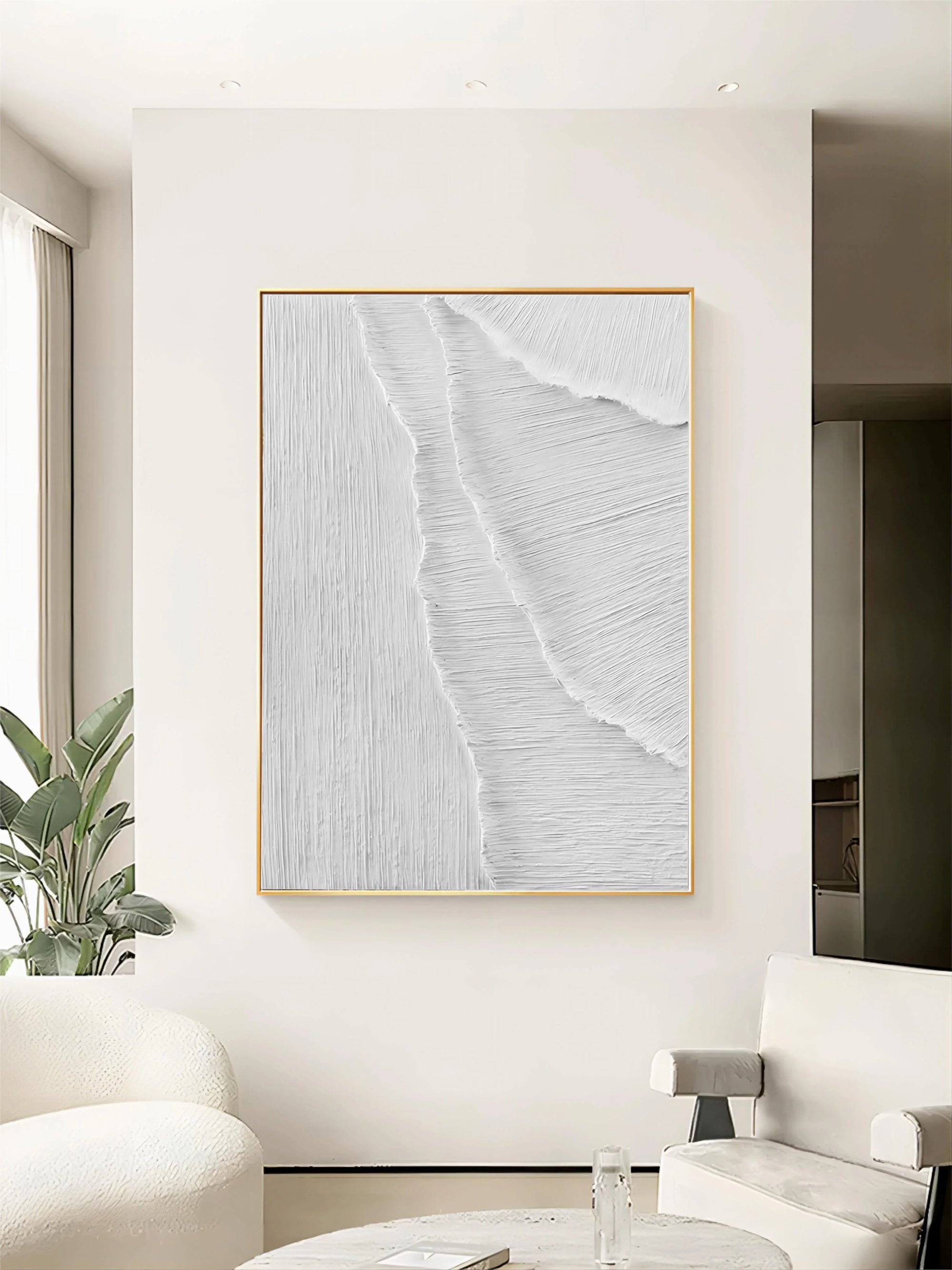 White Minimalist Textured Layers Canvas Painting For Home Decoration - Artwallpainting