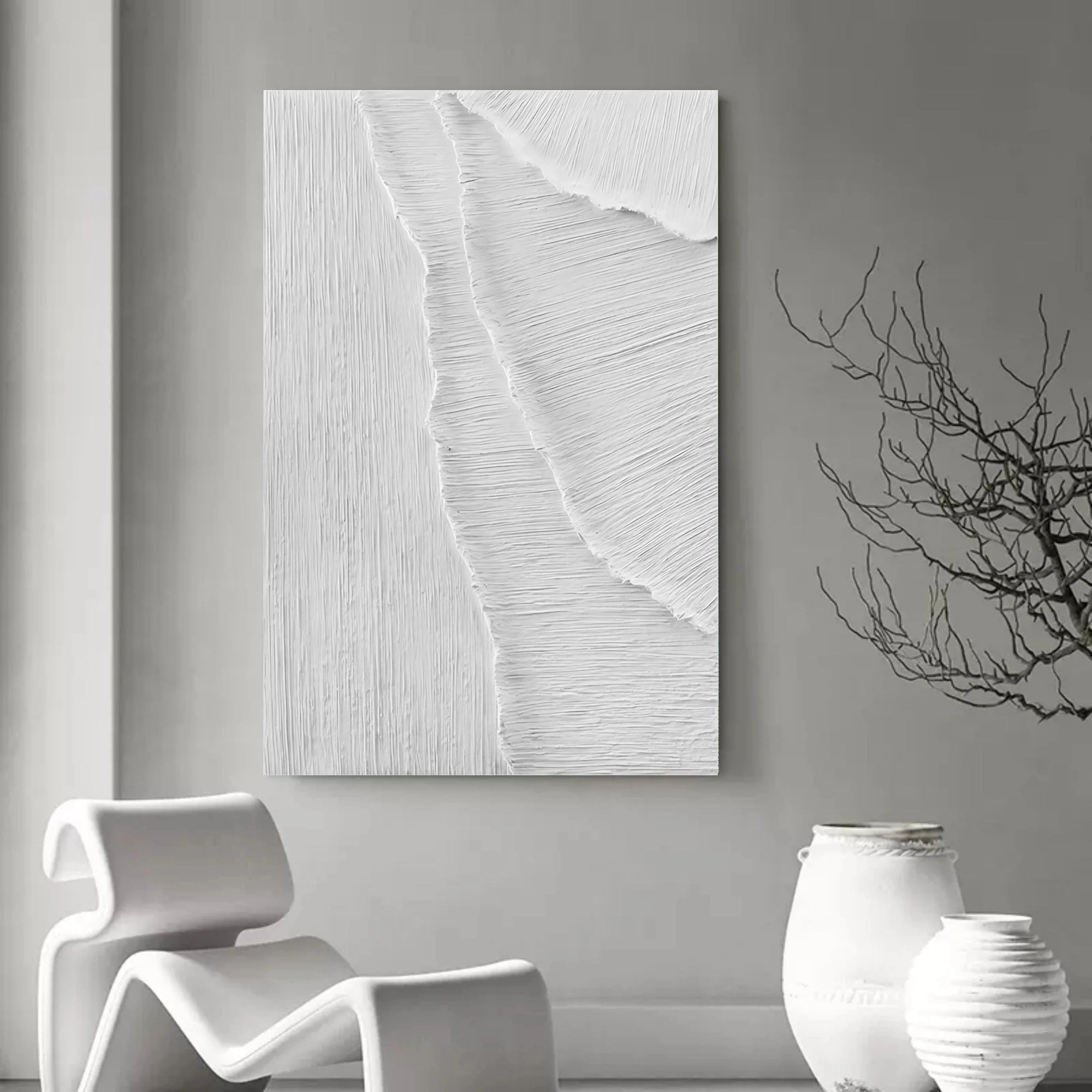 White Minimalist Textured Layers Canvas Painting For Home Decoration - Artwallpainting